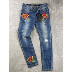 Vigoss The Jagger Skinny Jeans Floral Embroidered Distressed Denim Girls Size 12